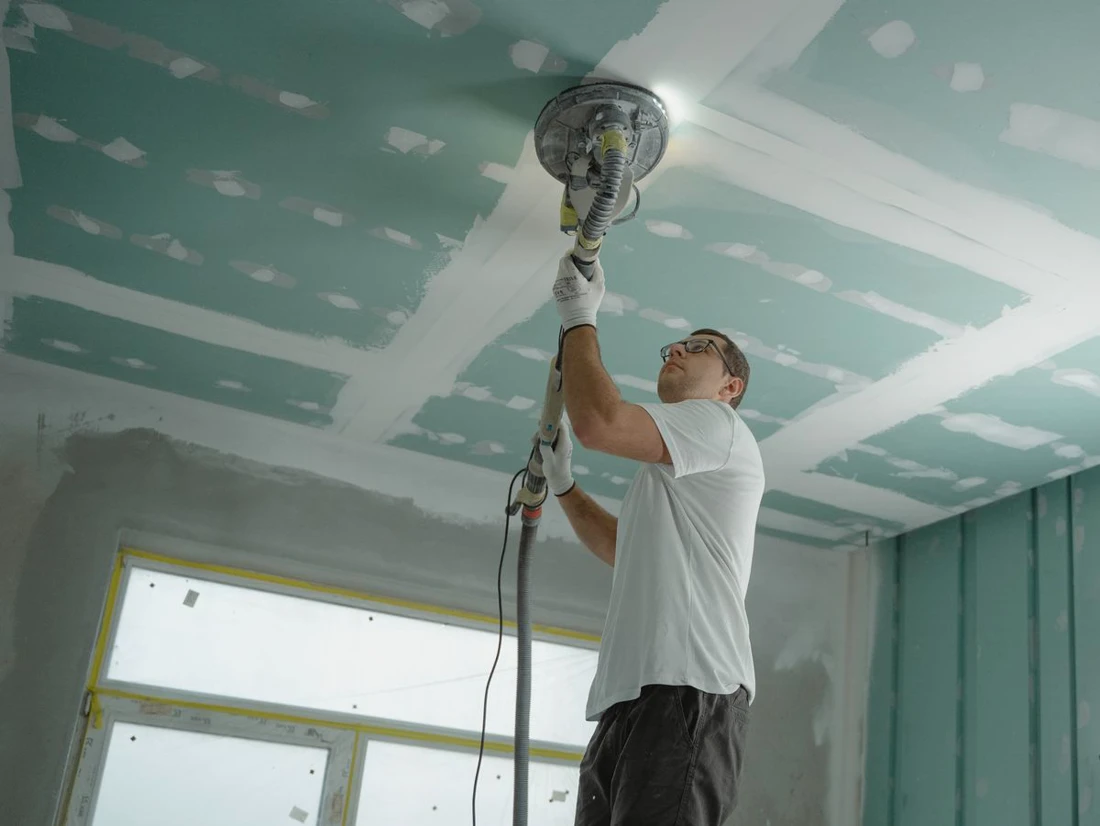 Ponçage d'un faux plafond en plaques de plâtre avant finition